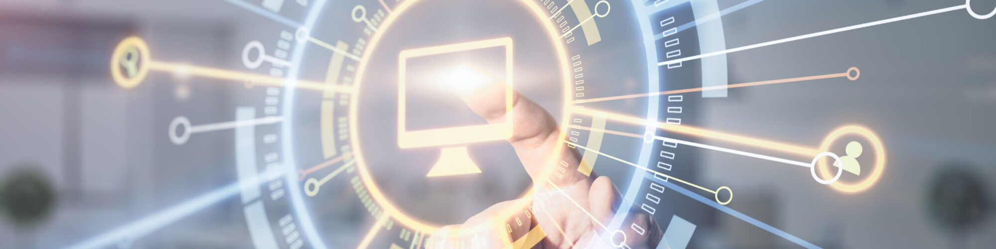 Cloud technology system concept with human finger on digital screen with cloud sign and internet service icons. Double exposure