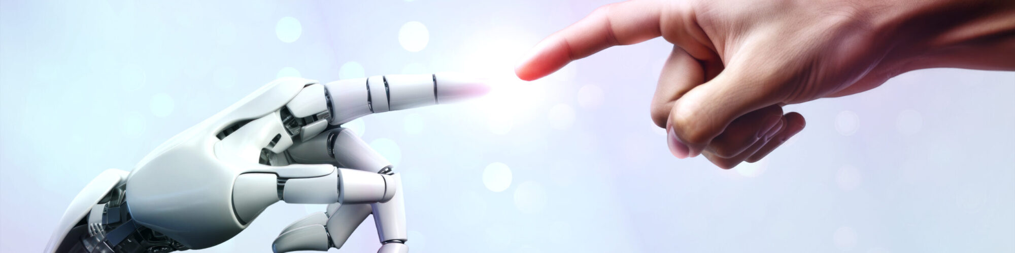 AI, Artificial intelligence creation by humans, robot and human hands are touching and connecting, unity with human and ai concept, machine learning and futuristic technology background